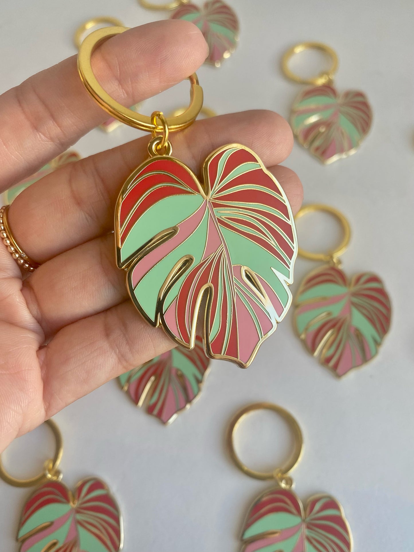 Pink Monstera Keychain